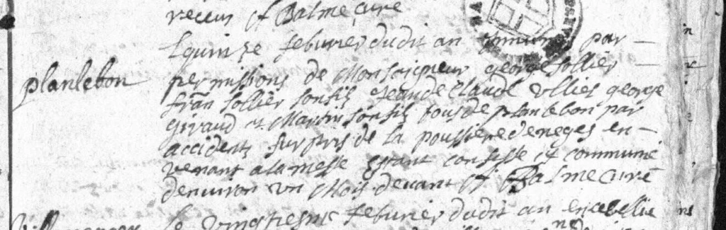 Extrait d’un acte ancien de 1683 en Savoie mentionnant les noms Girod, Sollier et Ulliel après une avalanche survenue à Planlebon.