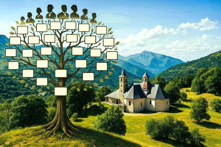 Arbre généalogique graphique superposé à un paysage de montagne avec une église, évoquant les racines familiales en Savoie