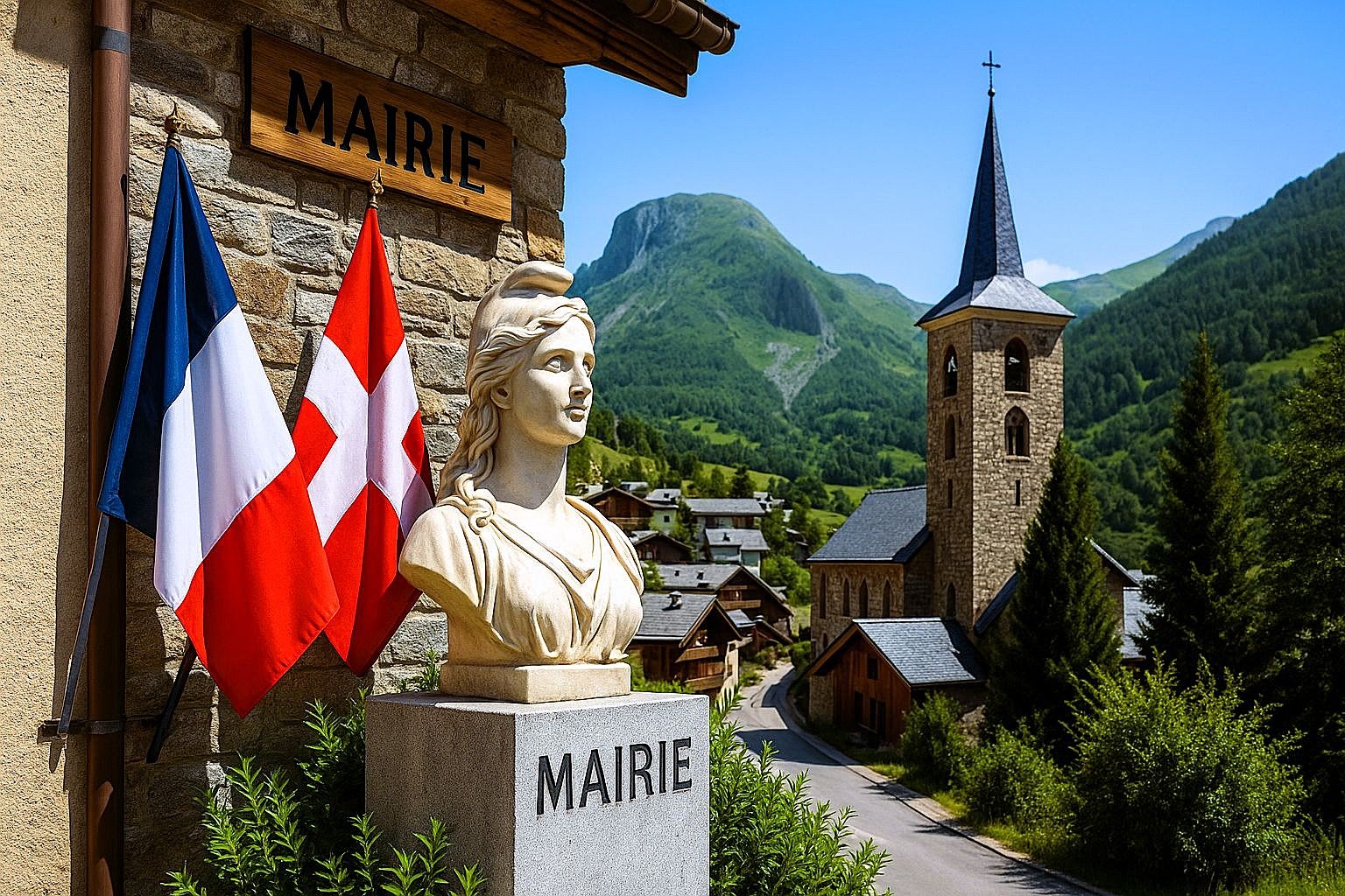 Buste de Marianne devant la mairie de Saint-Martin-de-Belleville avec les drapeaux français et savoyard