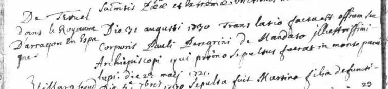 Acte de translation du corps de Paul le Pèlerin de Teruel en Espagne, daté du 21 août 1730, écrit en latin