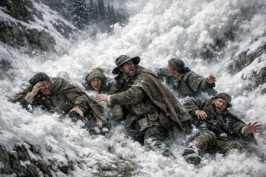 Reconstitution illustrée de victimes emportées par une avalanche en montagne, évoquant le drame de Planlebon à Saint-Martin-de-Belleville en Savoie au XVIIe siècle.