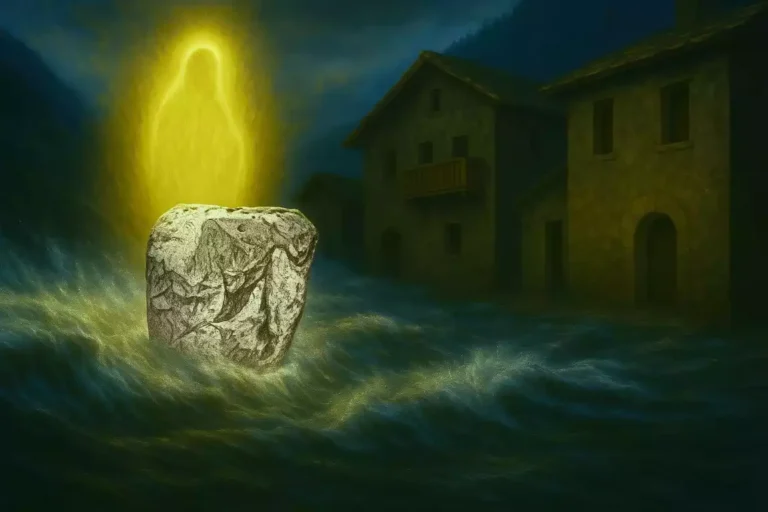 Illustration de la légende de la Pierra Chevetta à Villarenger stoppant la crue du Doron, protégée par une silhouette lumineuse représentant la Vierge Marie