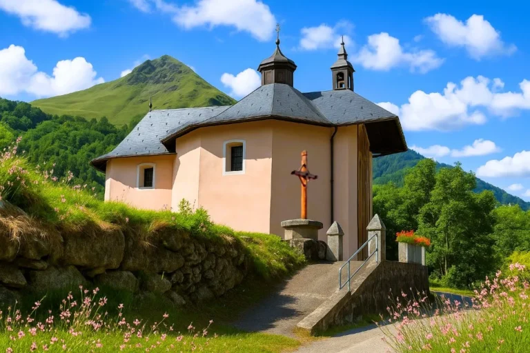 Chapelle Notre-Dame des Grâces à Saint-Jean-de-Belleville, vue latérale avec crucifix et montagnes de Savoie en arrière-plan