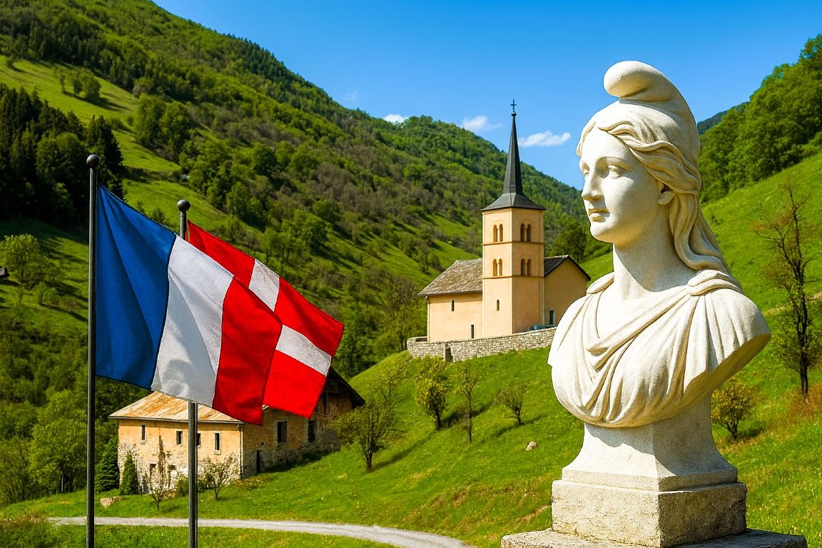 Vue printanière en haute définition de l’église de Saint-Laurent-de-la-Côte, surplombant la vallée dans les Alpes savoyardes, sous un ciel dégagé.