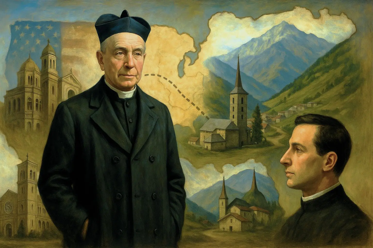 Portrait symbolique du père Joseph François Sollier, prêtre mariste savoyard parti en mission aux États-Unis à la fin du XIXe siècle.