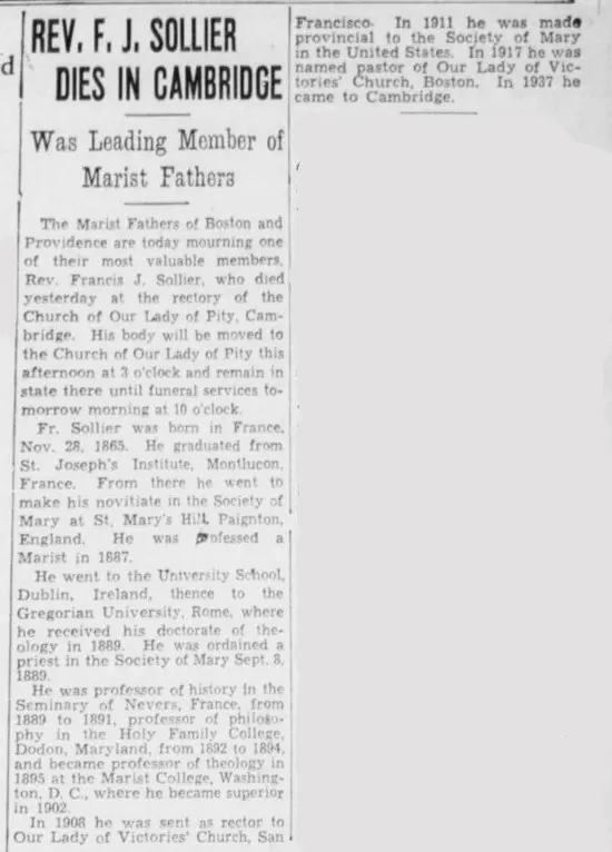 Nécrologie du père François Joseph Sollier, membre des Pères Maristes, parue dans The Boston Globe le 29 avril 1938.