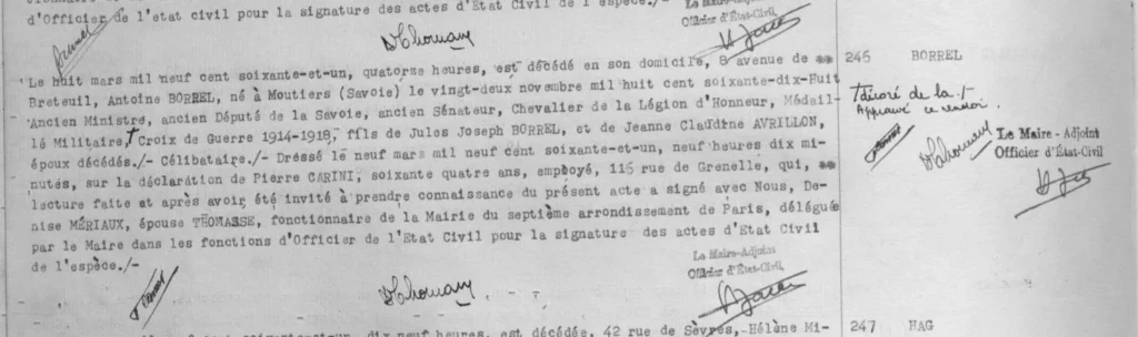 Acte de décès d’Antoine Borrel, enregistré en 1961 à Paris 7e arrondissement.