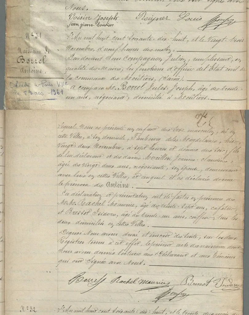 Acte de naissance manuscrit d’Antoine Borrel, enregistré en 1878 à Moûtiers en Savoie.