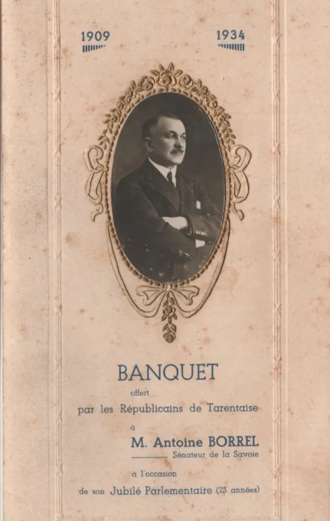 Banquet du jubilé parlementaire d’Antoine Borrel, sénateur de la Savoie, organisé en 1934 en Tarentaise.