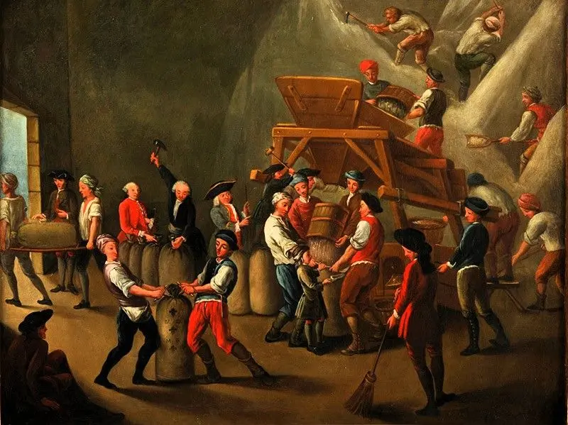 Scène du grenier à sel de la Ferme générale sous l’Ancien Régime, illustrant le travail et la perception de la gabelle.