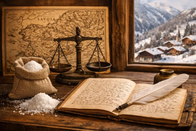 Registre ancien, plume, balance et sac de sel illustrant le dénombrement de 1561 pour la gabelle du sel en Savoie, Vallée des Belleville