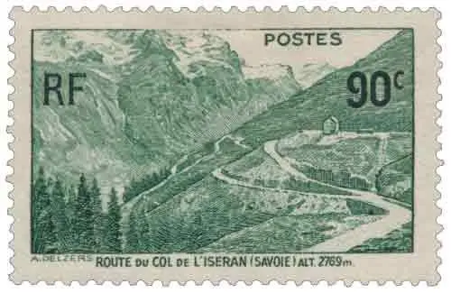 Timbre-poste français de 1937 représentant la route du col de l’Iseran en Savoie.
