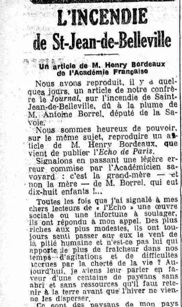Article de Henry Bordeaux sur l’incendie de Saint-Jean-de-Belleville publié en octobre 1928 dans Le Petit Dauphinois