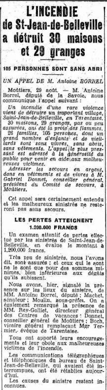 Coupure de presse du Petit Dauphinois sur l’incendie de Saint-Jean-de-Belleville en août 1928, annonçant 30 maisons détruites, 29 granges perdues et 105 sinistrés.