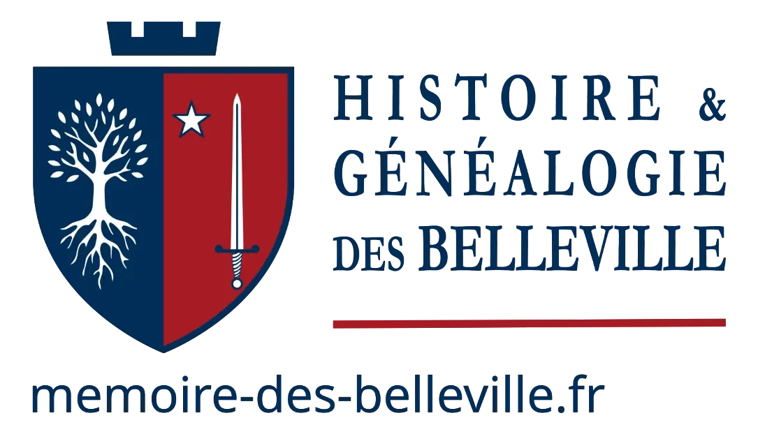 Logo Histoire et Généalogie des Belleville avec blason arbre et épée et nom du site memoire-des-belleville.fr