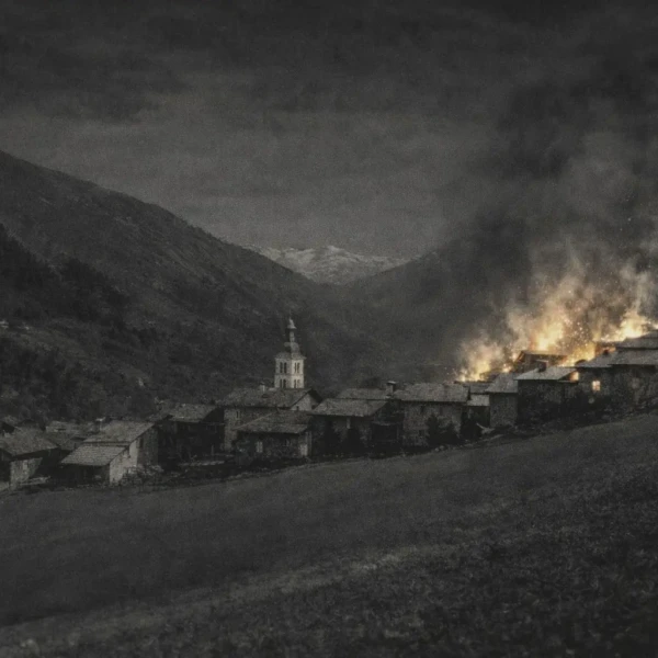 Reconstitution en noir et blanc de l’incendie de Saint-Jean-de-Belleville en août 1928, montrant les maisons du haut du village en flammes