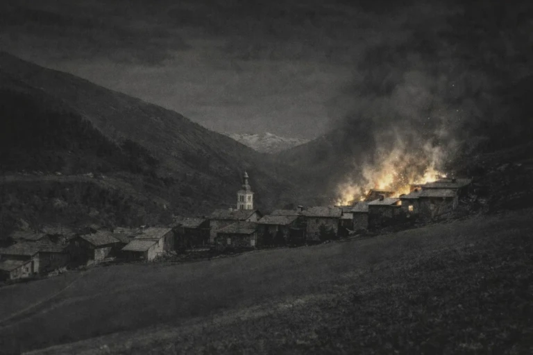 Reconstitution en noir et blanc de l’incendie de Saint-Jean-de-Belleville en août 1928, montrant les maisons du haut du village en flammes