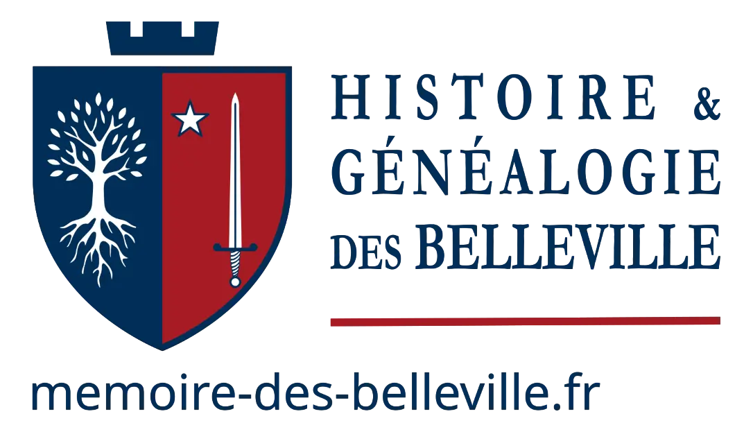 Logo Histoire et Généalogie des Belleville avec blason arbre et épée et nom du site memoire-des-belleville.fr