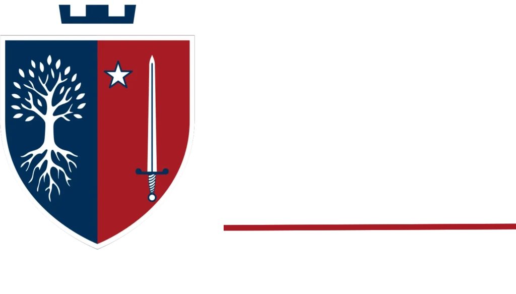 Logo du site Mémoire des Belleville avec blason stylisé arbre et épée sur fond bleu et rouge, contours blancs