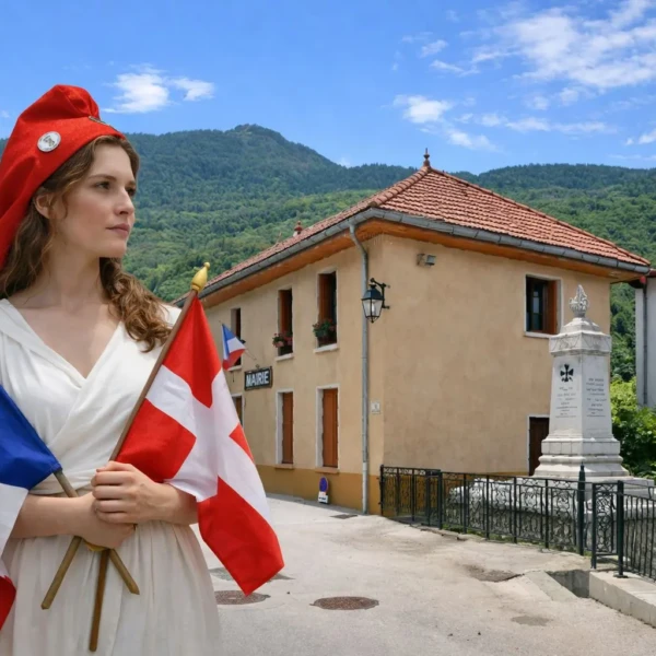 Mairie de Villarlurin en Savoie avec Marianne vivante tenant les drapeaux français et savoyard devant le monument aux morts