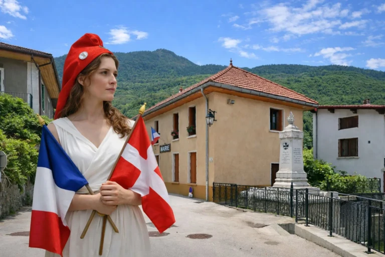 Mairie de Villarlurin en Savoie avec Marianne vivante tenant les drapeaux français et savoyard devant le monument aux morts