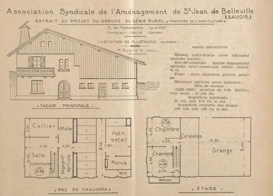Plan de reconstruction d’une maison de Saint-Jean-de-Belleville après l’incendie de 1928, extrait du projet du Génie rural