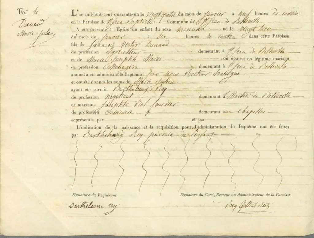 Acte de naissance et de baptême de Marie-Julien Dunand, dressé en janvier 1841 à Saint-Jean-de-Belleville, en Tarentaise.
