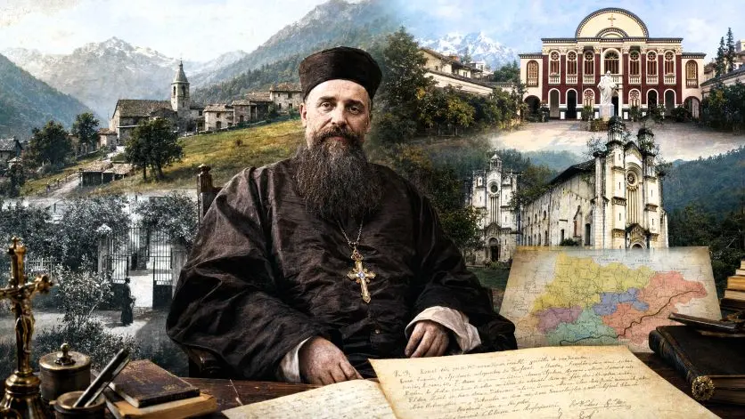 Illustration réaliste de Marie-Julien Dunand entre la Tarentaise savoyarde et le Sichuan, avec paysages alpins, cathédrale de Chengdu et séminaire de Bailu.