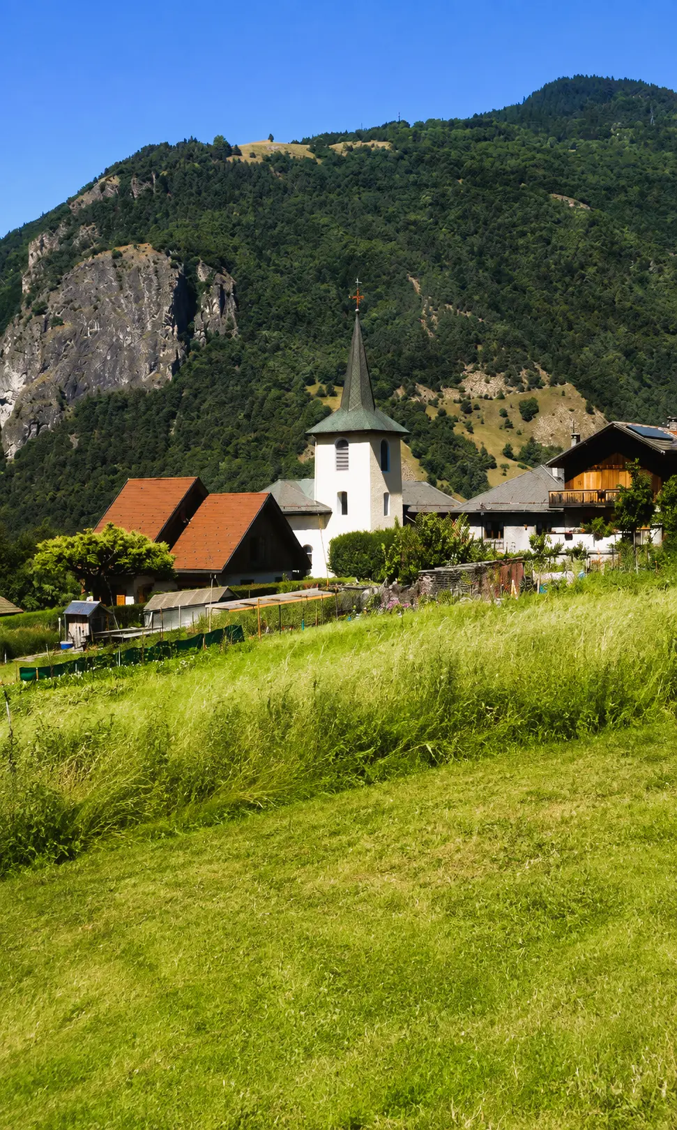 Illustration de Saint-Laurent-de-la-Côte avec son église, des maisons traditionnelles, des prairies alpines et les versants boisés de la vallée des Belleville.