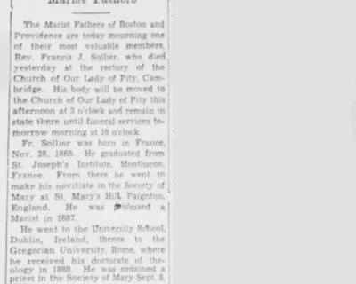 Nécrologie du père François Joseph Sollier, membre des Pères Maristes, parue dans The Boston Globe le 29 avril 1938.