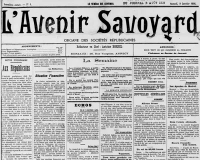 Une du journal L’Avenir Savoyard, organe républicain publié en Savoie en 1904.