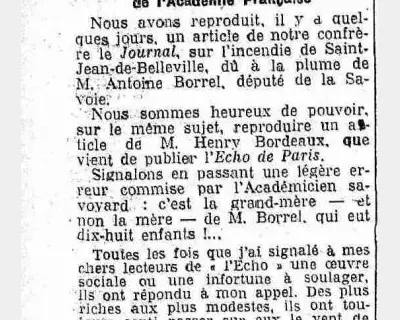 Article de Henry Bordeaux sur l’incendie de Saint-Jean-de-Belleville publié en octobre 1928 dans Le Petit Dauphinois