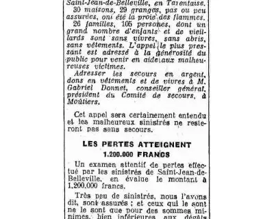 Coupure de presse du Petit Dauphinois sur l’incendie de Saint-Jean-de-Belleville en août 1928, annonçant 30 maisons détruites, 29 granges perdues et 105 sinistrés.