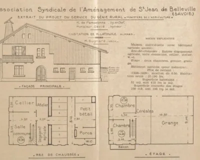 Extrait du projet de reconstruction de Saint-Jean-de-Belleville par le Génie rural après l’incendie de 1928. Plan de reconstruction d’une maison de Saint-Jean-de-Belleville après l’incendie de 1928, extrait du projet du Génie rural